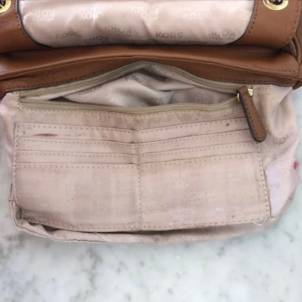 MICHAEL KORS Fulton Small Brown Gold Chain Shoulder Flap Bag